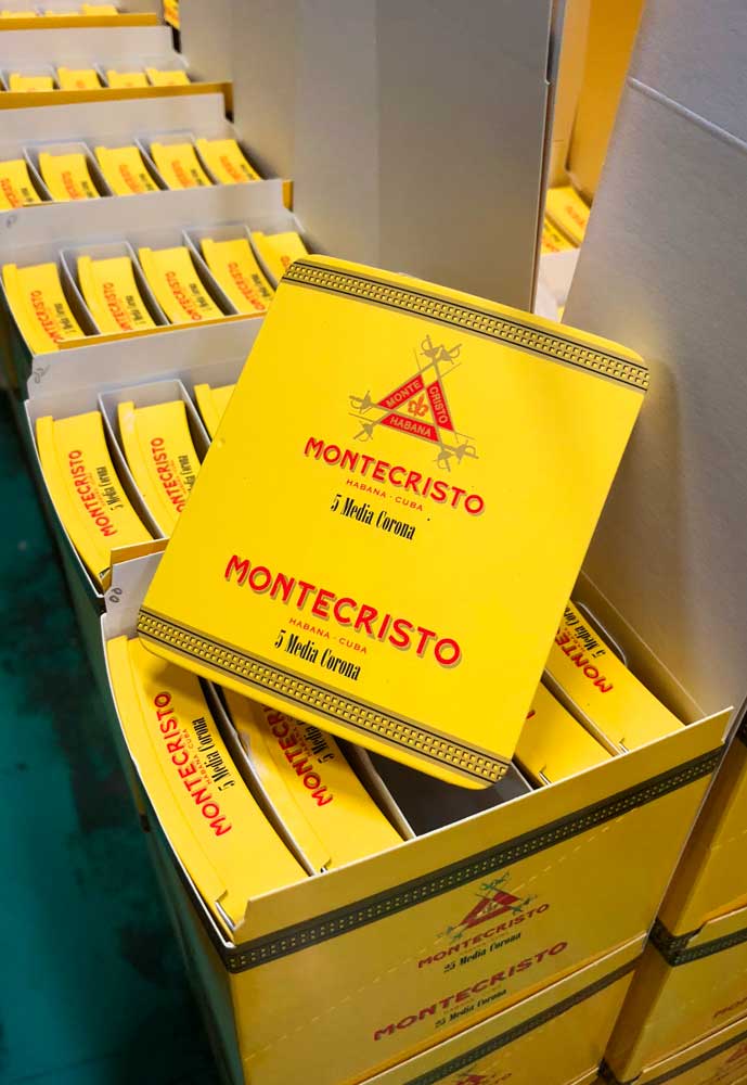 Der gelbe Hintergrund, davor das schlichte Logo in mattem Gold und Rot. Als das Logo entworfen wurde, war das ein Novum. Die Logos der anderen Marken waren reich bebildert, mit viel Gold und sehr üppig. Montecristo Geschichte