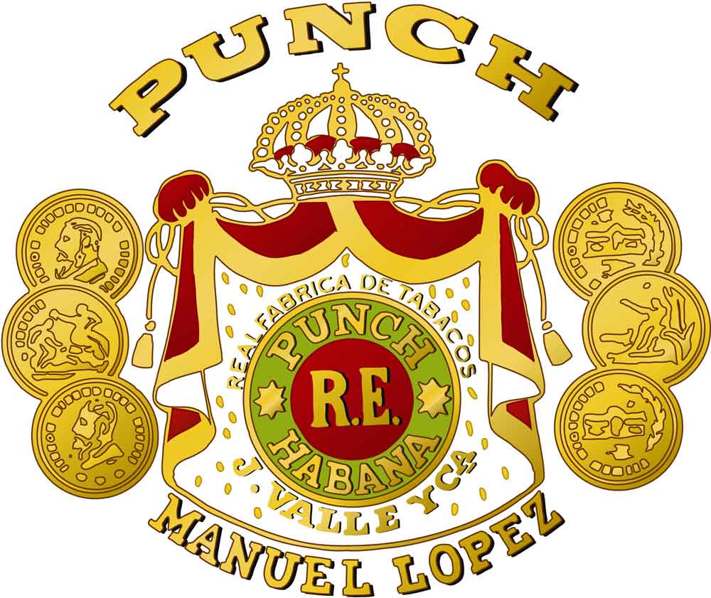 Das Logo der Marke Punch mit dem Namen eines der Besitzer, Manuel Lopez und der „Juan Valle y Cía.“; wofür die Abkürzung R.E. steht, kann nur spekuliert werden: Royal Engineers, Reyes de España, …. Punch Geschichte