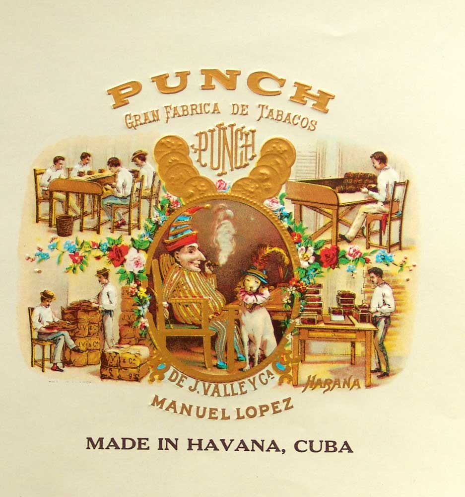 Das Logo der Marke Punch mit dem berühmten Punch (oder auch Clown oder Kasperlepuppe) in der Mitte, Zigarre rauchend, in der Gesellschaft eines Hundes mit Hut. Punch Geschichte