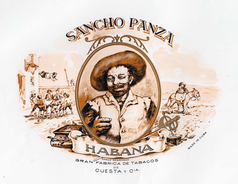 Sancho Panza, the faithful companion of Don Quixote, depicted here on the Vista of the Sancho Panza brand. Sancho Panza Cigars
