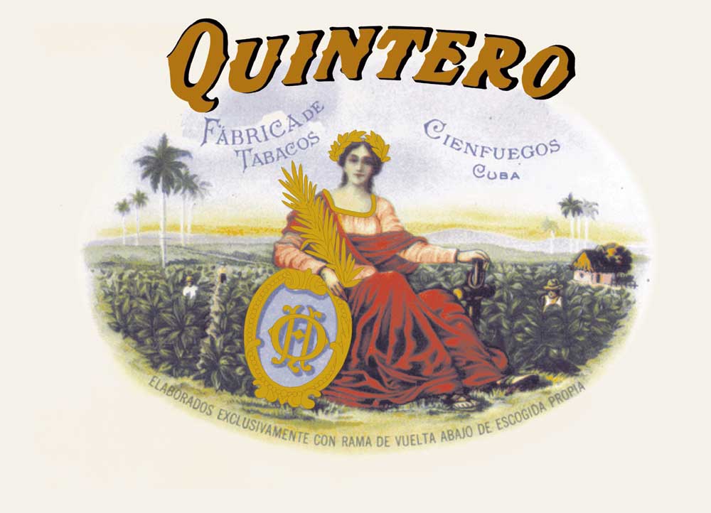 A lady draped in red cloth, with an extensive tobacco field in the background: the vitola of the Quintero brand.