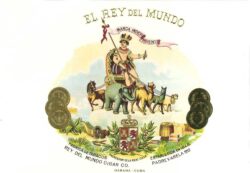 Die Vista der Marke El Rey del Mundo, ein Bild mit vielen Details: ein König, dessen Wagen von einem Pferd, einem Elefanten, einem Dromedar (Kamel), ??? und einem Schaf gezogen wird. Gewonnene Goldmedaillen dürfen natürlich auch nicht fehlen.