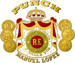 Das Logo der Marke Punch mit dem Namen eines der Besitzer, Manuel Lopez und der „Juan Valle y Cía.“; wofür die Abkürzung R.E. steht, kann nur spekuliert werden: Royal Engineers, Reyes de España, ….