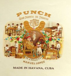 Das Logo der Marke Punch mit dem berühmten Punch (oder auch Clown oder Kasperlepuppe) in der Mitte, Zigarre rauchend, in der Gesellschaft eines Hundes mit Hut.