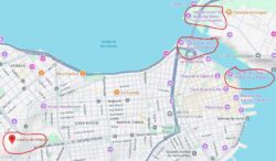 Rot umrandet auf der Karte die vier Castillos, nach denen vier Zigarren der Marke San Cristóbal de la Habana benannt sind. Drei Castillos befinden sich am Hafeneingang (rechts daneben öffnet sich das große Hafenbecken), ein Castillo schützte die Stadt zur Landseite hin (links unten: das Castillo del Príncipe).